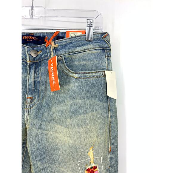 VTG Y2K VIGOSS Women's Size 9 Embroidered Denim Flare Jeans Blue Dirty Wash NWT - Picture 2 of 7